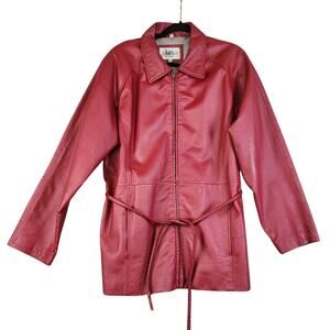 Cambridge Womens Vintage Red Genuine Leather Jacket Size XL Full Zip Belted 90s
